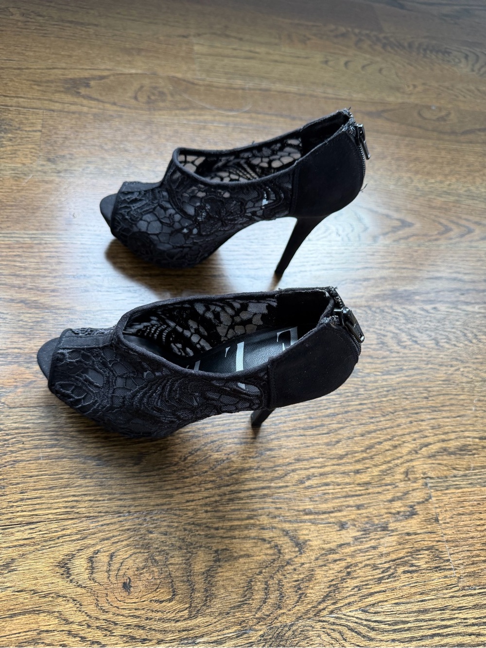 Elle Black Lace Peep-Toe Stiletto Heels